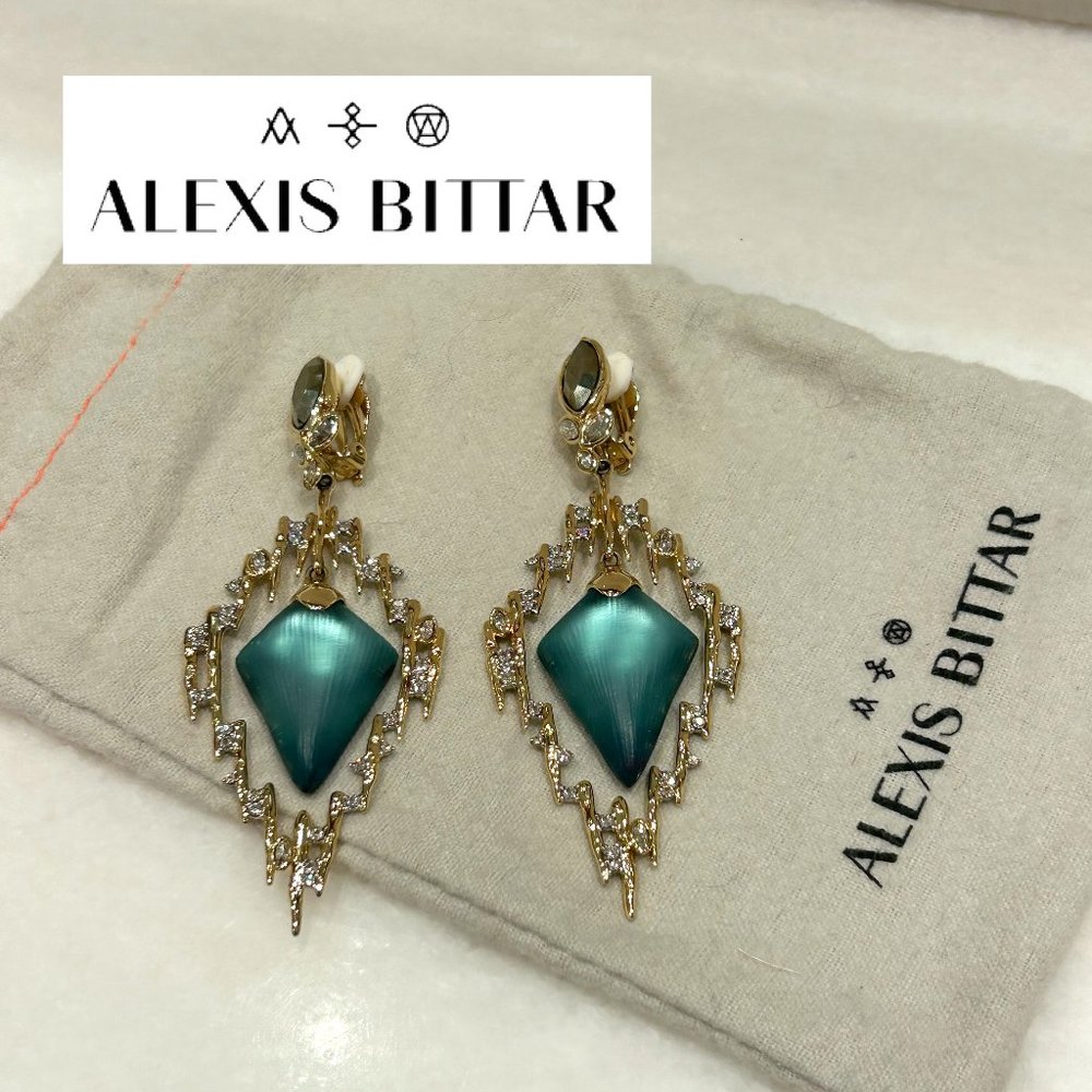 Alexis Bittar Gold+Diamond+Green Lucite Drop Statement Earrings